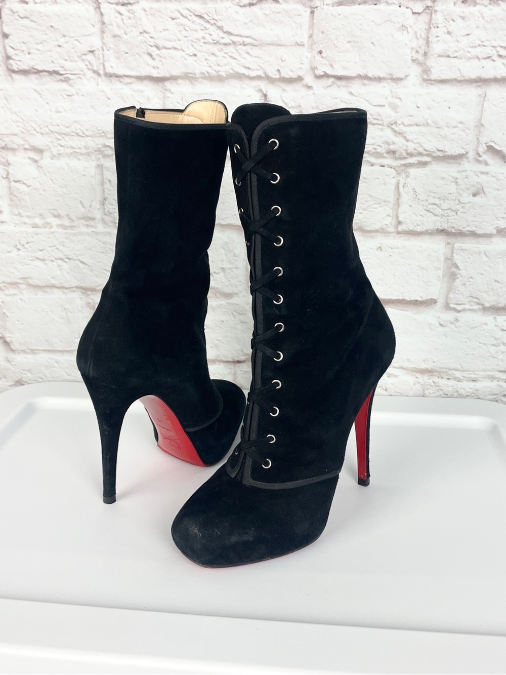 Christian Louboutin Black Suede Lace-Up Square Toe Heeled Boots Size 39